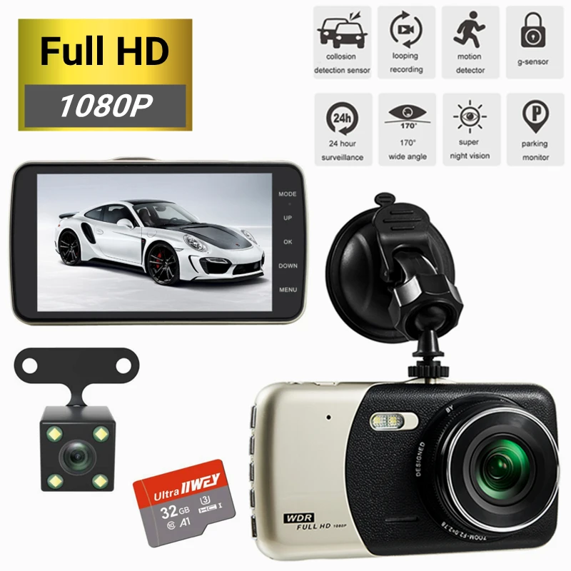 4.0In IPS Dual Lens Car Camera Auto DVR Camcorder Cars 24H Parking Video Recorder Dash Cam Full HD 1080p Black Box Dvrs Carcam