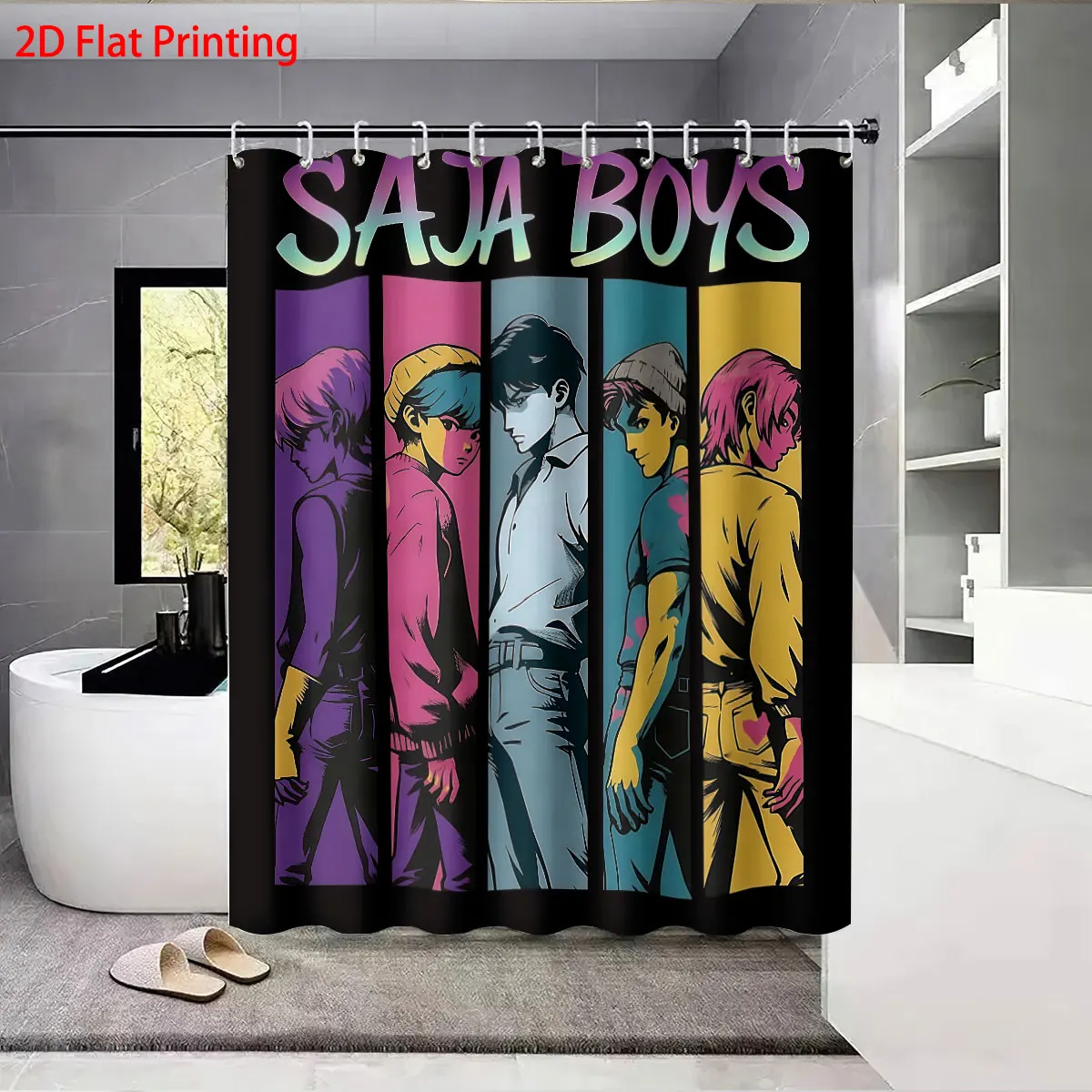 Фото 1 шт., водонепроницаемая занавеска для душа с принтом K-pop Saja Boys, подвесная занавеска для конфиденциальности, с 12 крючками для легкой установки №5