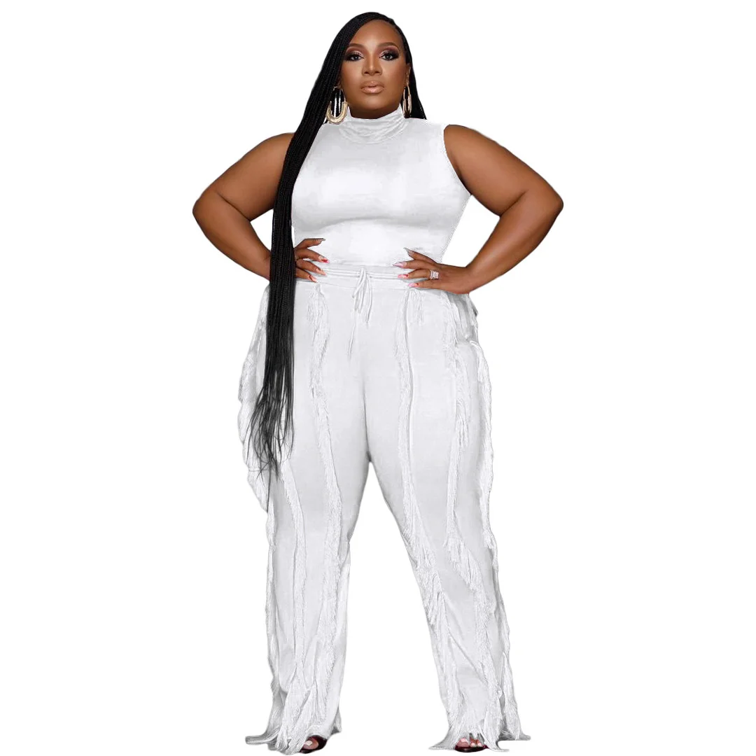 Plus Size Women's Two-piece Sets Tassel Pants Sleeveless Tops Casual Sports Outfits Large Size Female Fashion Solid Color Suits