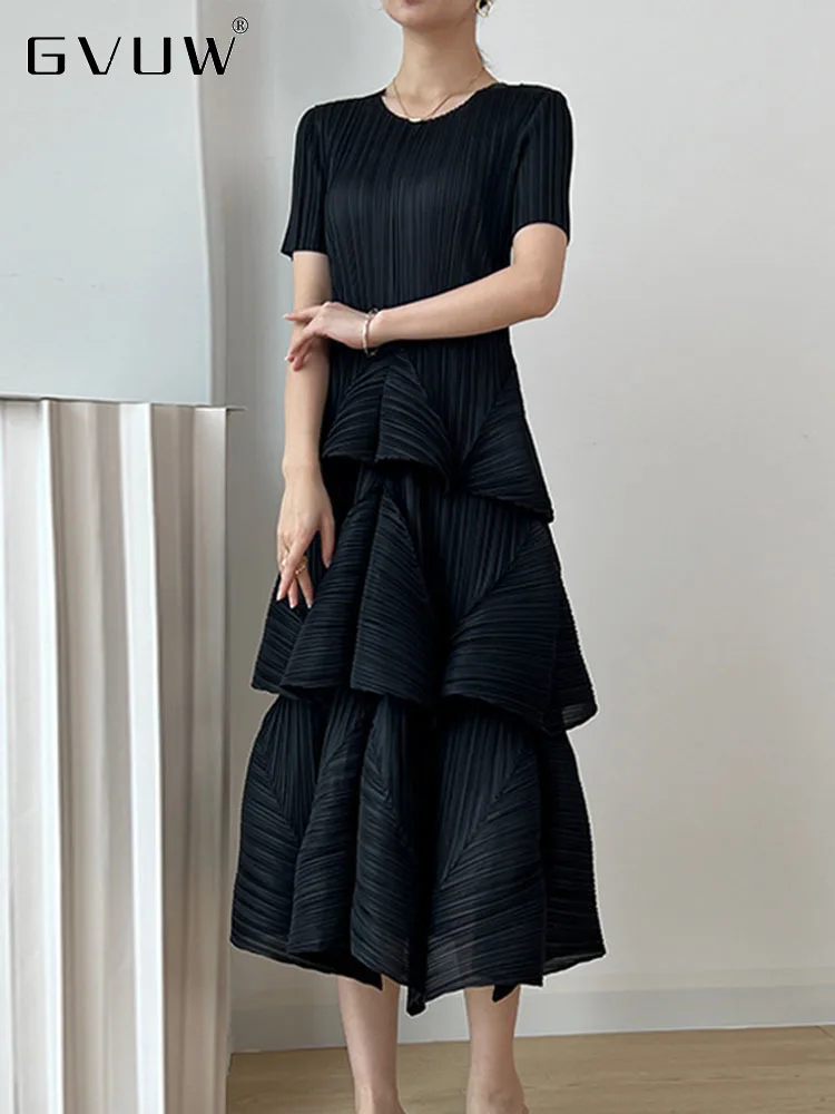 

Женское плиссированное платье GVUW, свободное однотонное платье с коротким рукавом и круглым вырезом, модель 17J01012 на лето, 2023