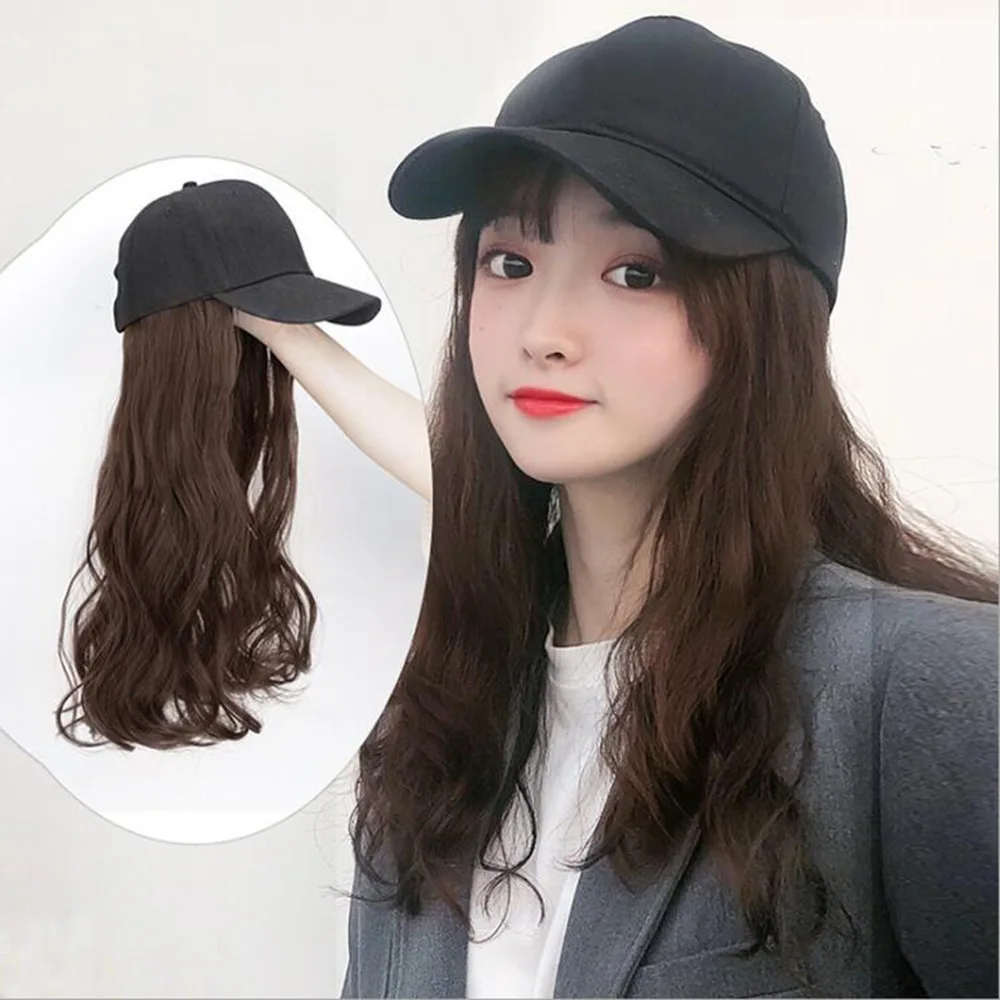 Peluca de gorra de béisbol sintética larga, pelo liso Natural negro/marrón, conexión Natural, sombrero sintético, ajustable para niñas