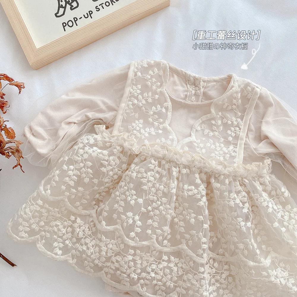 

0-2y Korean Children's Long Sleeve Khaki Dress 2022 Spring Embroidery Toddler Girl Mesh Crawl New Born Baby Clothes Christmas