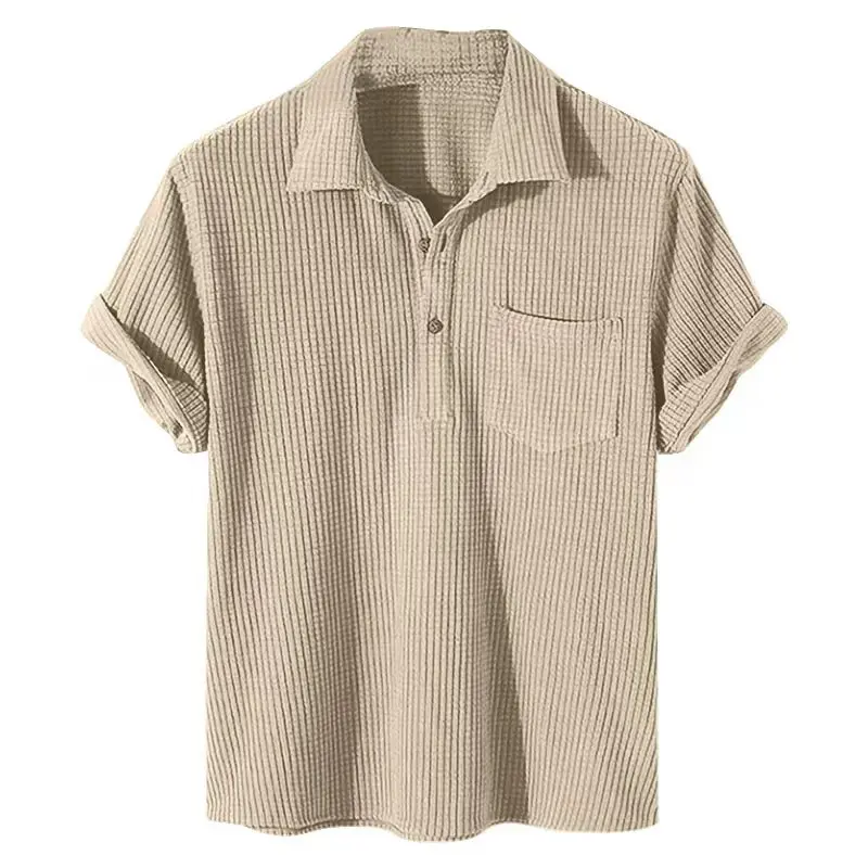 

2023 New Men's Casual Plaid Polo Shirts Top Turn-Down Collar Button Blouse Short Sleeve Solid Pocket Blouse Shirt Men Clothing