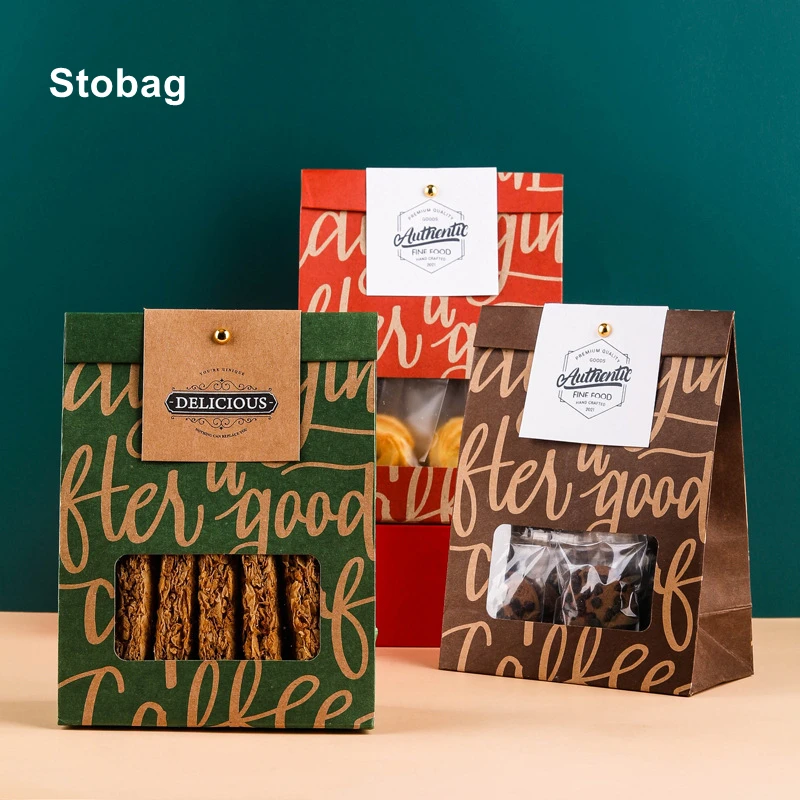 

StoBag 10pcs Kraft Paper Gift Candy Cookies Packaging Box Bags Window Baking Biscuit Snow Crisp Handmade Favor Party Wedding