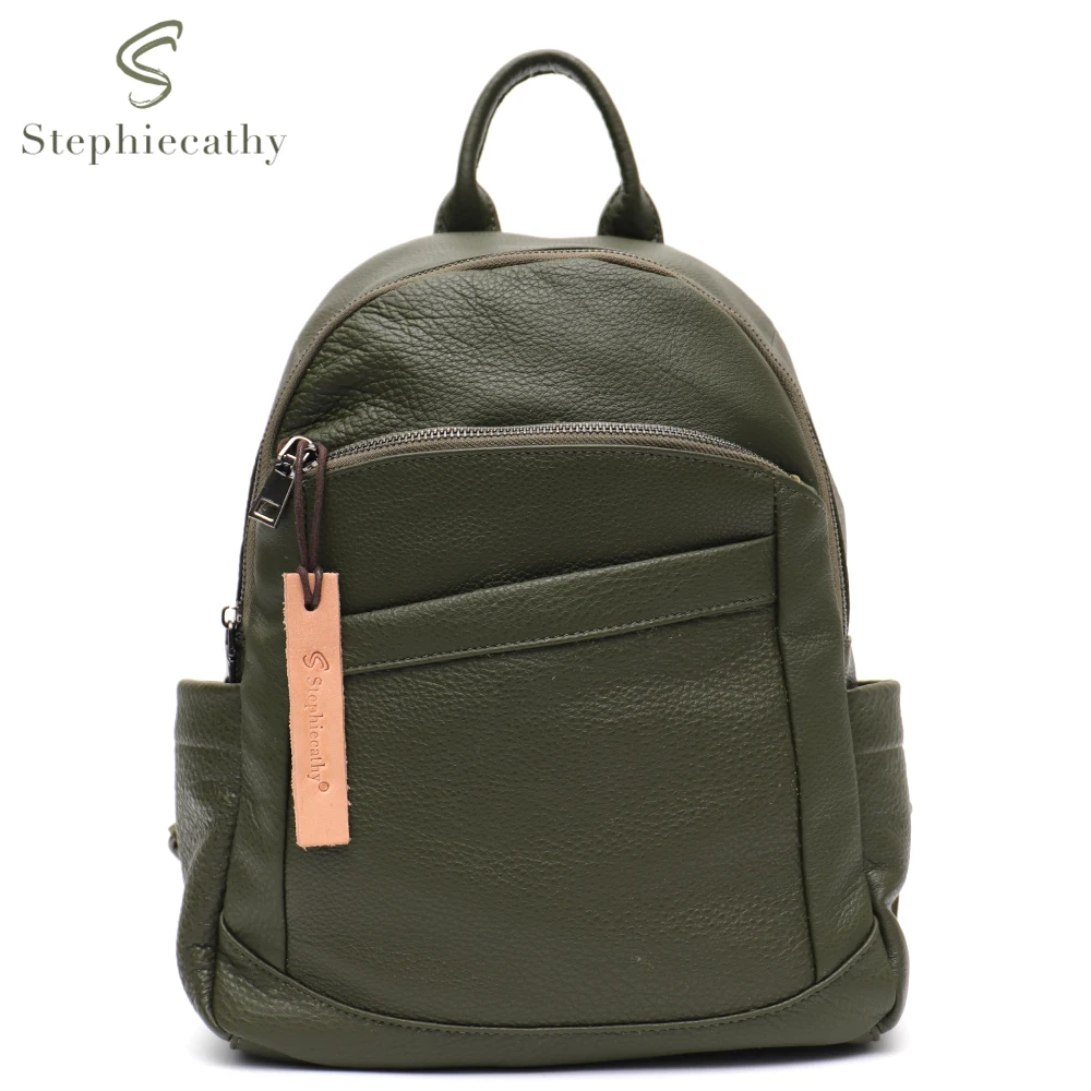 SC Casual Genuine Leather Women Backpacks Solid Color Daily Style Multi Pockets Functional Shoulder Bags Large Travel Knapsacks