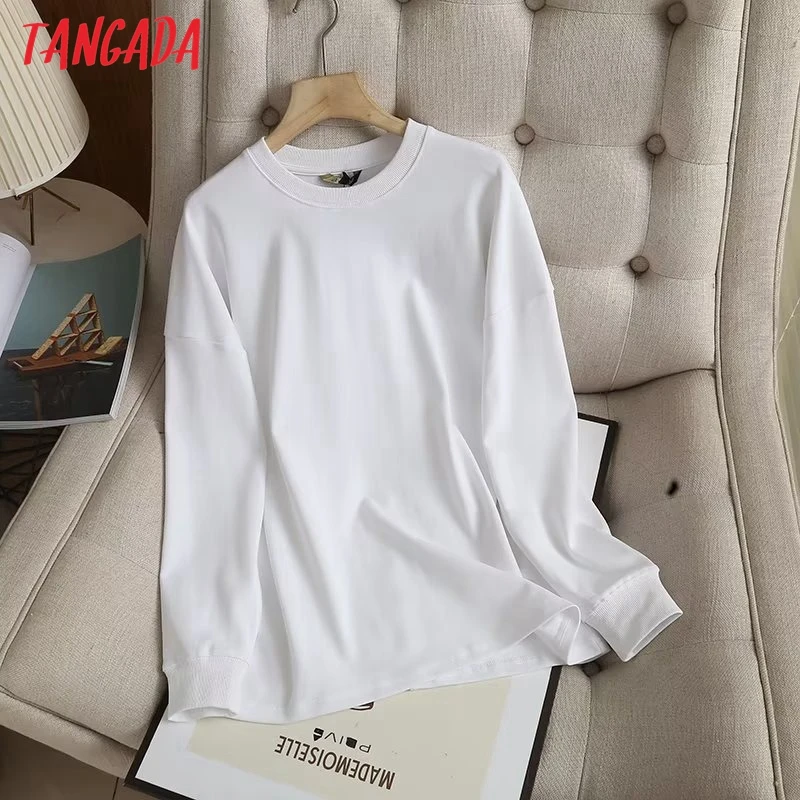 

Tangada Women High Quality White Cotton Sweatshirts Oversize Long Sleeve O Neck Loose Pullovers 6D96
