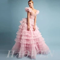 haowen elegant baby pink a line prom dresses off the shoulder tiered ruffles organza a line floor length evening gowns