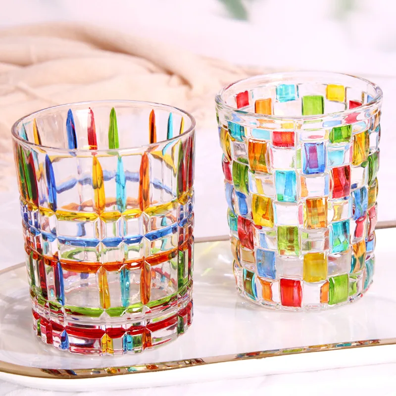 

Hand-Painted Line Glass Water Cup Contrast Color Stripe Weaving Crystal Cup Whiskey Beer Milk Juice Glasses