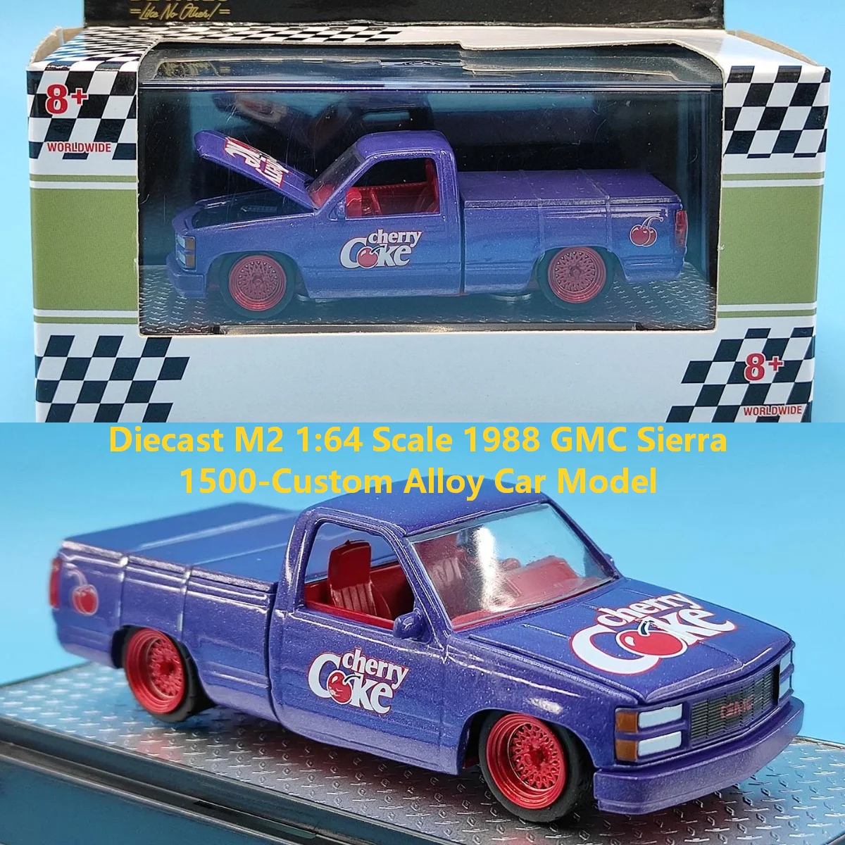 Фото Модель автомобиля GMC Sierra 1500-Custom 1988 года, масштаб 1:64, литая под давлением, из сплава металлов №1