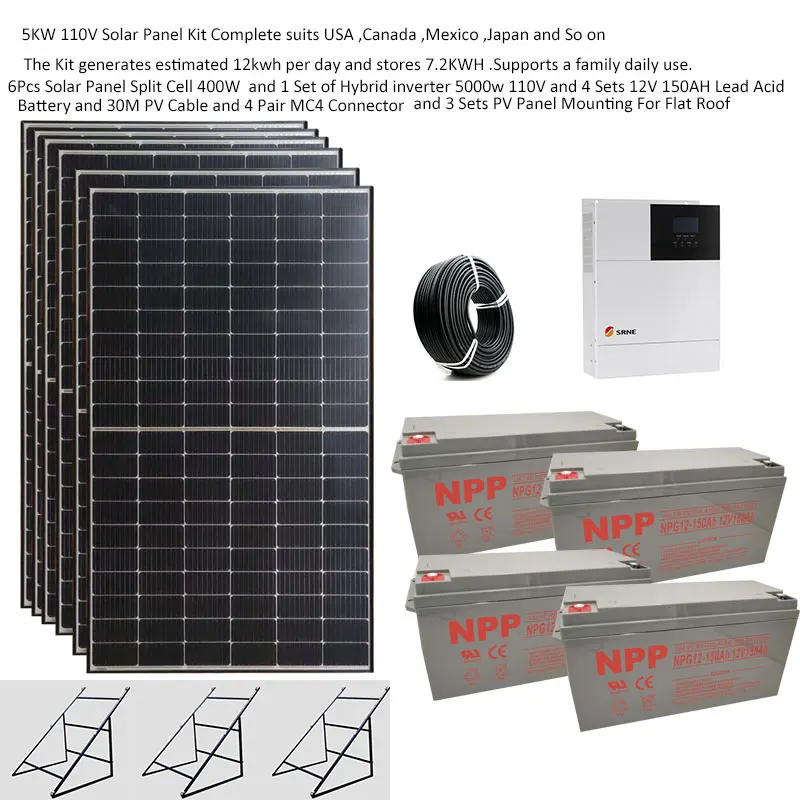 Solar Panel Kit Complete 5000W 220V 110V Solar Panel 400W Lead Acid Battery Mount Off Grid System MPPT UPS Hybrid Inverter Home