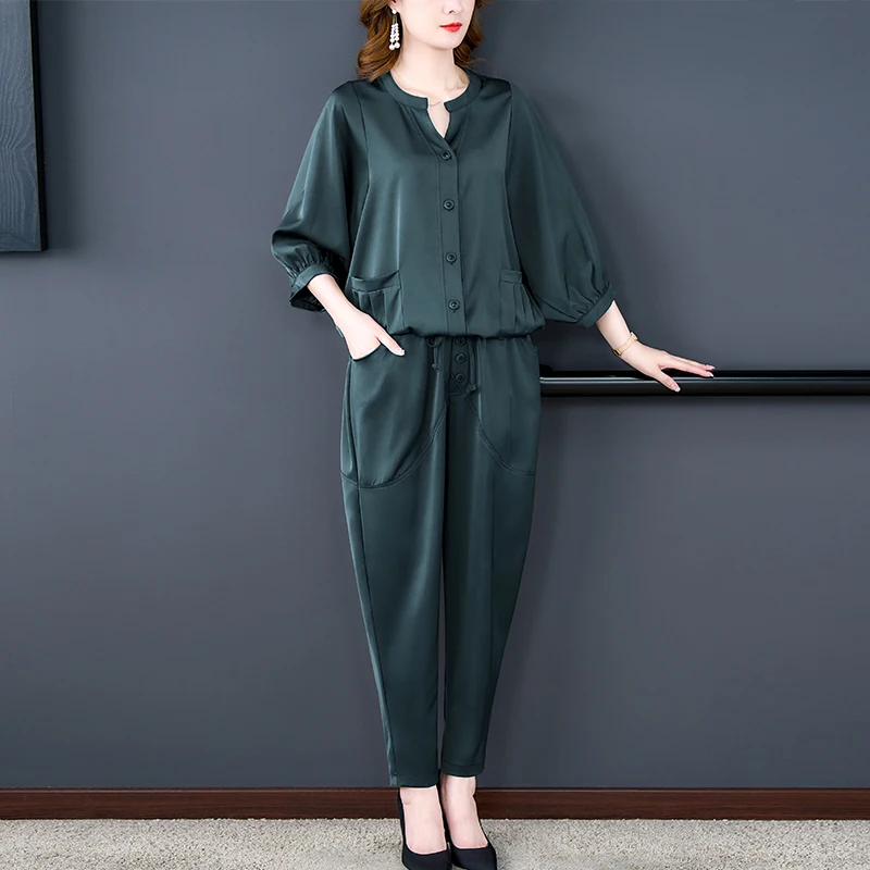 Женский Шелковый комплект из двух предметов однотонный свободный кардиган в