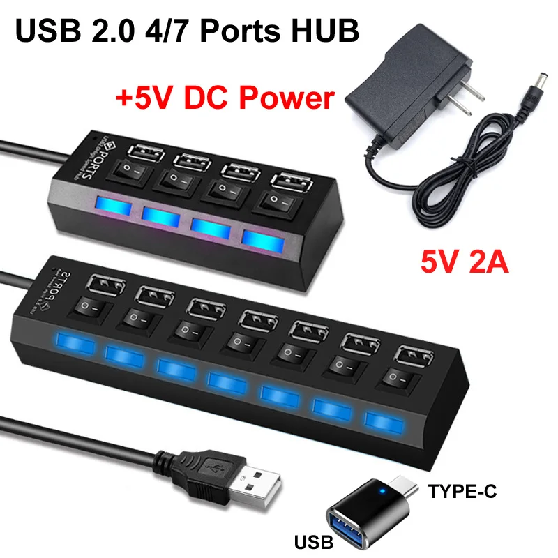 

4/7 Ports USB 2.0 Hub TYPE-C 30/3.1 USB Splitter +5V 2A AC DC Power Adapter Switch LDE Light for PC Computer Laptop Notebook Mac