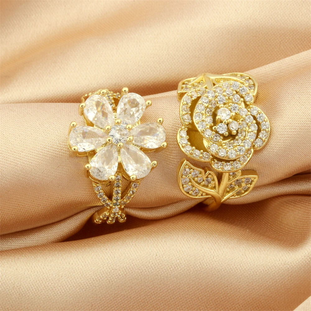 

Rose Flowers Ring Trendy Jewelry Vintage Resizable Copper Micro-Inlaid Zircon Index Finger Accessories Engagement Gift For Women
