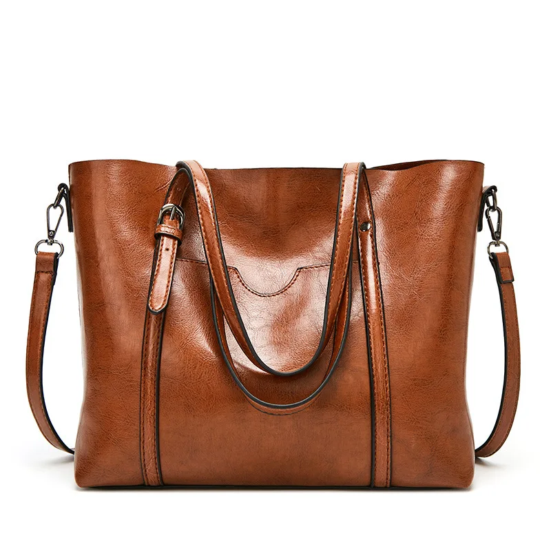 

Herald Fashion Oil Wax Leather Women's Tote Handbags Luxury Female Shoulder Messenger Side Bag High Capacity Ladies Travel Bag