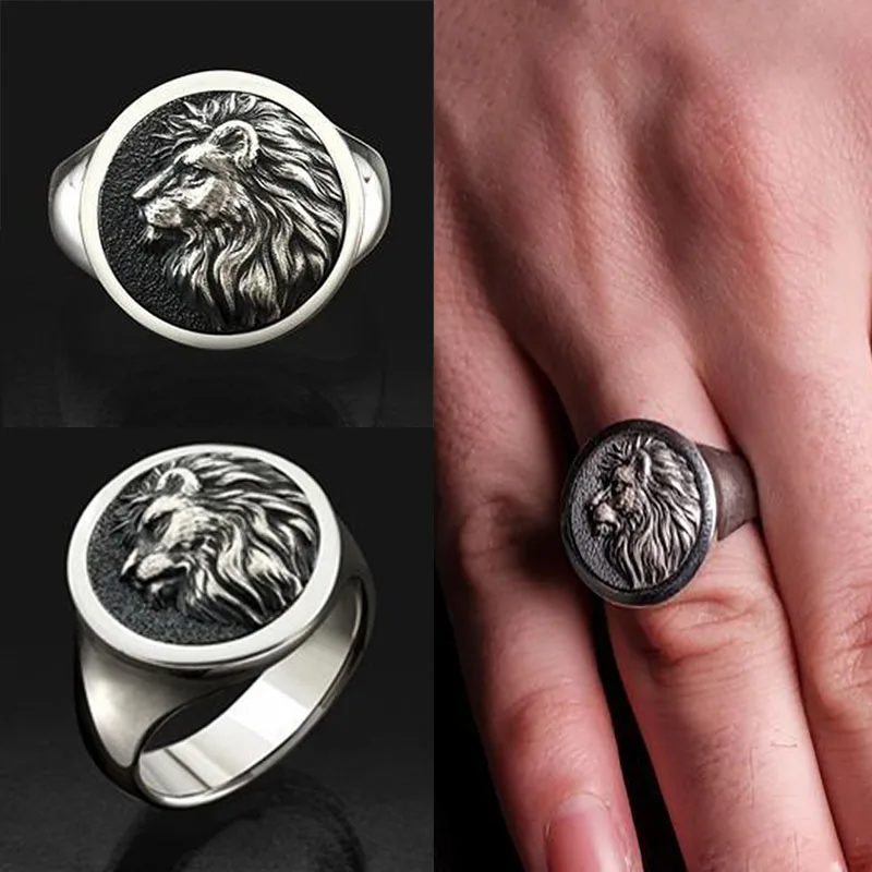 

Punkboy Popular Lion King Head Ring for Men Silver Color Round Shaped Craved Domineering Animal Metal Party Hand Jewelry