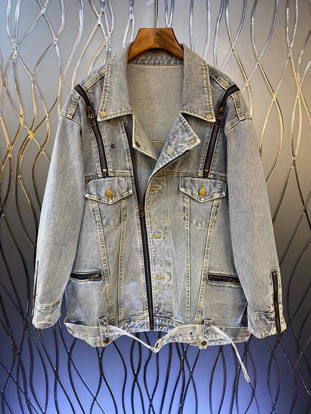

2022 new women's fashion high quality long sleeve lapel zipper medium length casual denim jacket 1028