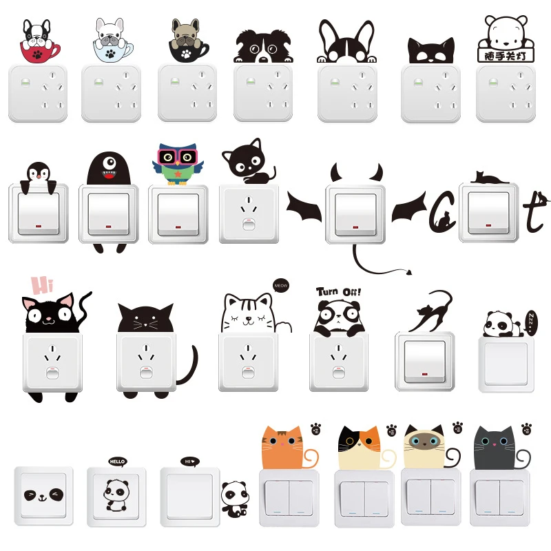 Wall stickers Cute Cartoon Cat Dog Panda Owl Switch Sticker Wall Decoration DIY Socket Paste Switch Sticker Wallpaper Paste