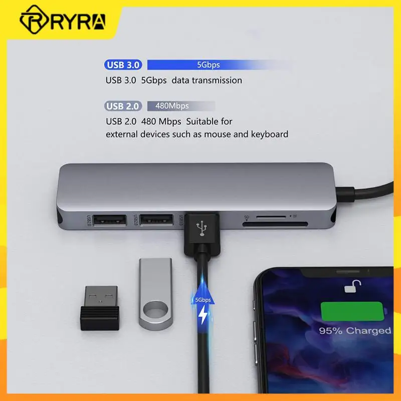 

RYRA Type C к HDMI-совместимый адаптер 4K Thunderbolt кард-ридер с SD TF для Macbook Компьютерные аксессуары 6 портов USB C концентратор