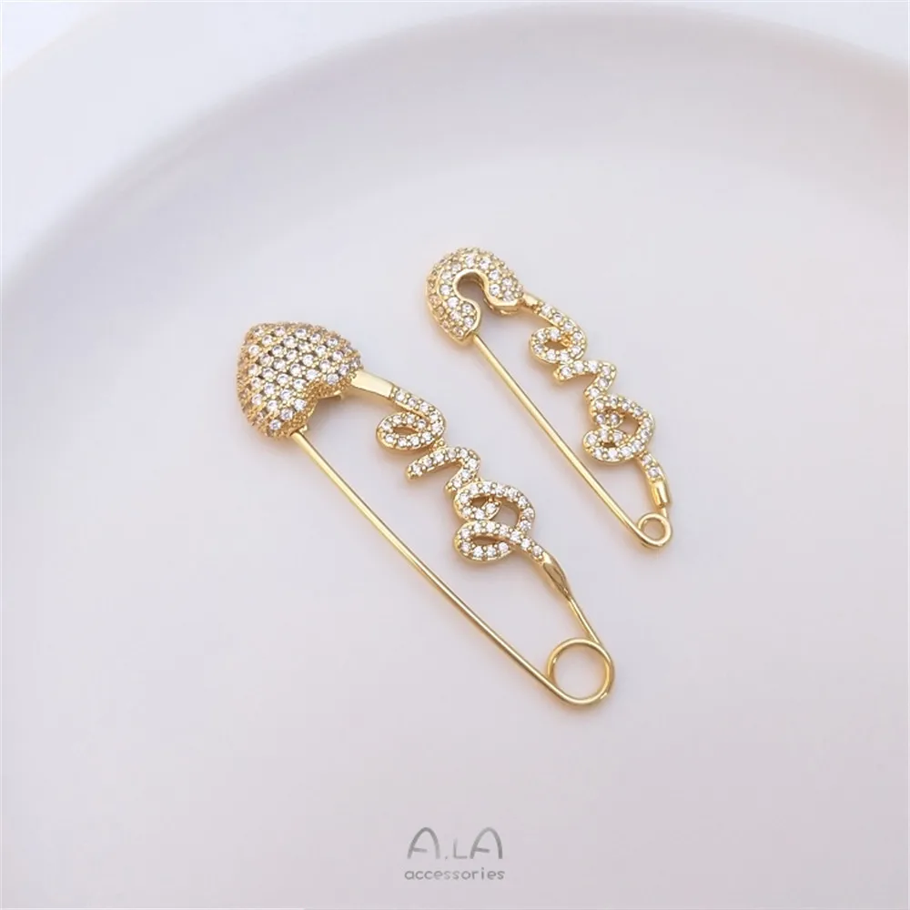 

18K Gold Filled Plated Micro-set zircon earrings LOVE brooch hand - back brooch diy first jewelry earrings