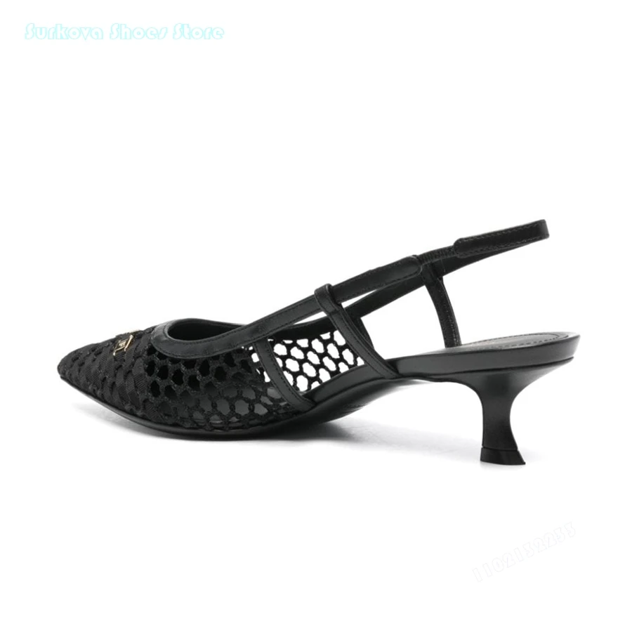 Женские босоножки на шпильке Surkova черные сетчатые туфли-лодочки с острым носком и