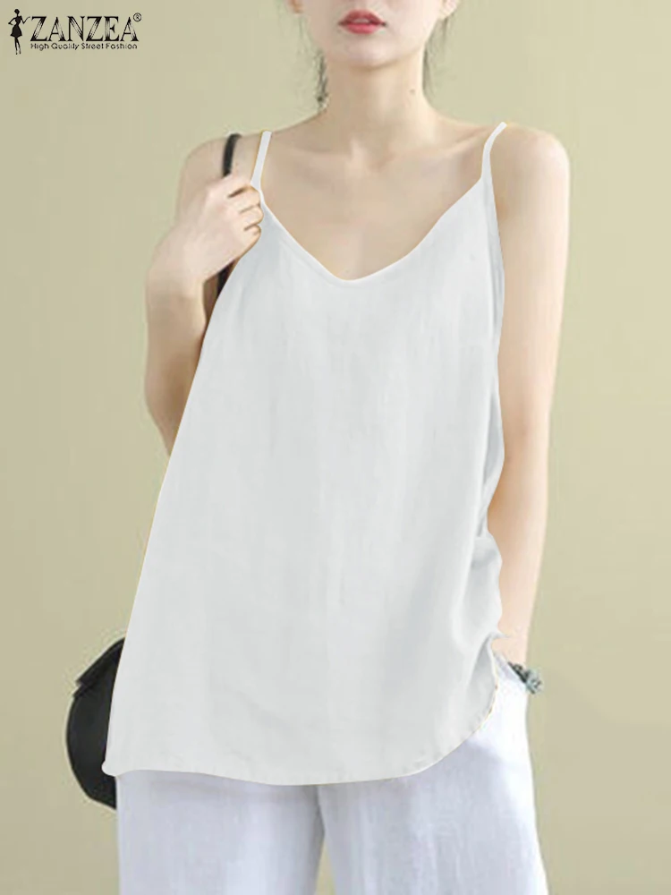 

ZANZEA Summer Women Straps V Neck Solid Loose Blouse Vintage Cotton Camis Casual Beach Party Blusas Holiday Shirt Tanks Tops