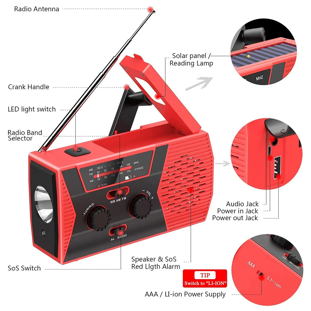 

Portable Multifunctional Emergency Radio Solar Weather Radios with Hand Crank NOAA/AM/FM Headphone Jack Alarm Reading Lamp