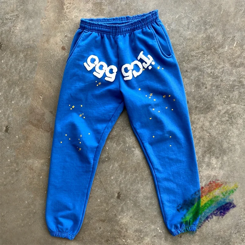 

Blue Foam Printing Spider Web Pattern 555555 Sweatpants Men Women Sp5der Pants Joggers Drawstring Trousers