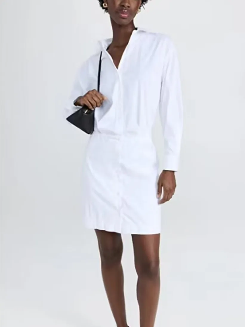 

Spring and Summer New Ladies Solid Color Shirt Dresses Single-Breasted Slim Waist Women Long-Sleeved Short Robe
