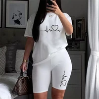 women tracksuit summer t shirts and solid color shorts set sexy leopard love heart casual female o neck shirts 2 piece set