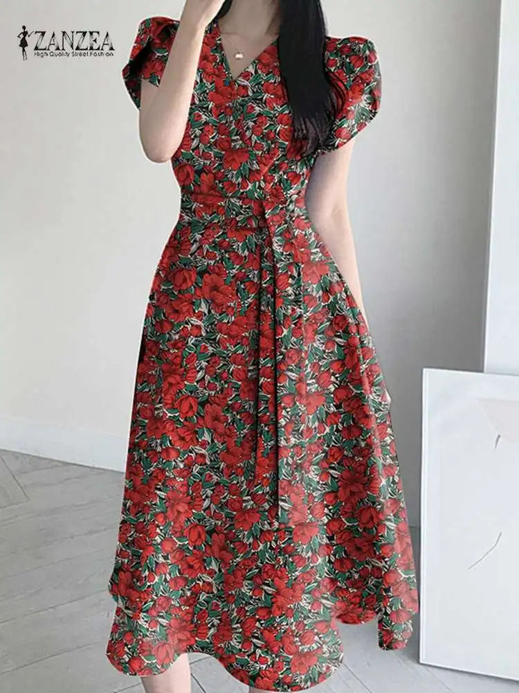 

ZANZEA Summer Fashion Floral Printed Dresses Woman Short Sleeve V-Neck Dress Vintage Party Sundress Female Casual Lace Up Robe