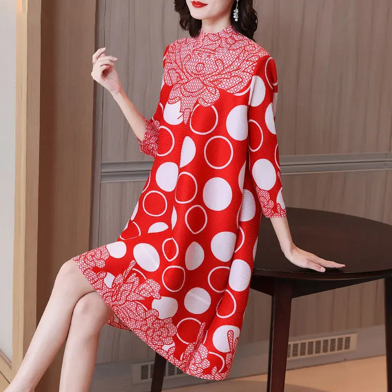 

New Fashionable Age Reducing Slim Mother A-line Skirt Pleated Print Dress Spring 2023 Casual Three Quarter Sleeve Dress Female