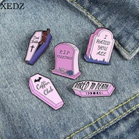 creative punk bored to death enamel pin floral gravestone skull cross purple brooch lapel badge gothic jewelry gifts for friends