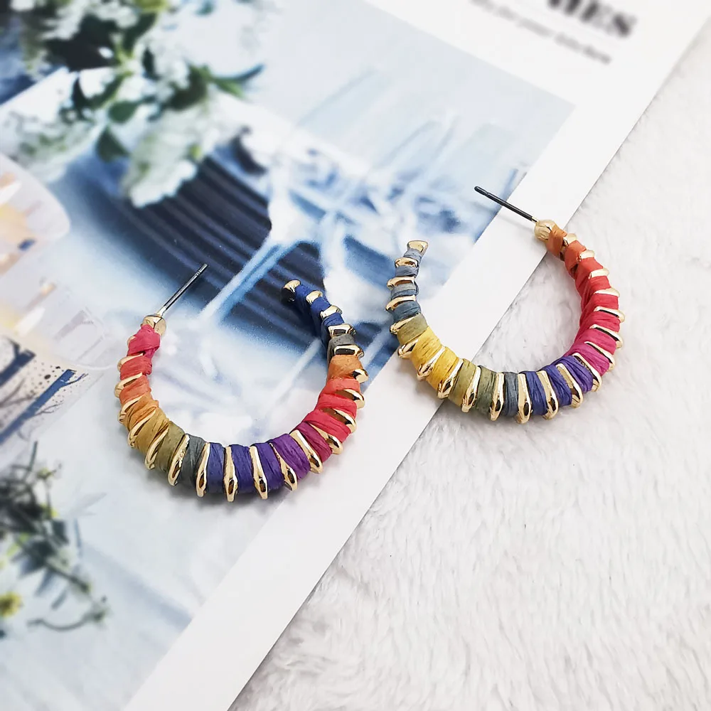 

Renya Handmade Rainbow Colorful Raffia C Hoop Earring Straw Wrap Statement Earrings for Women Girls Dangle Earring Jewelry Gift