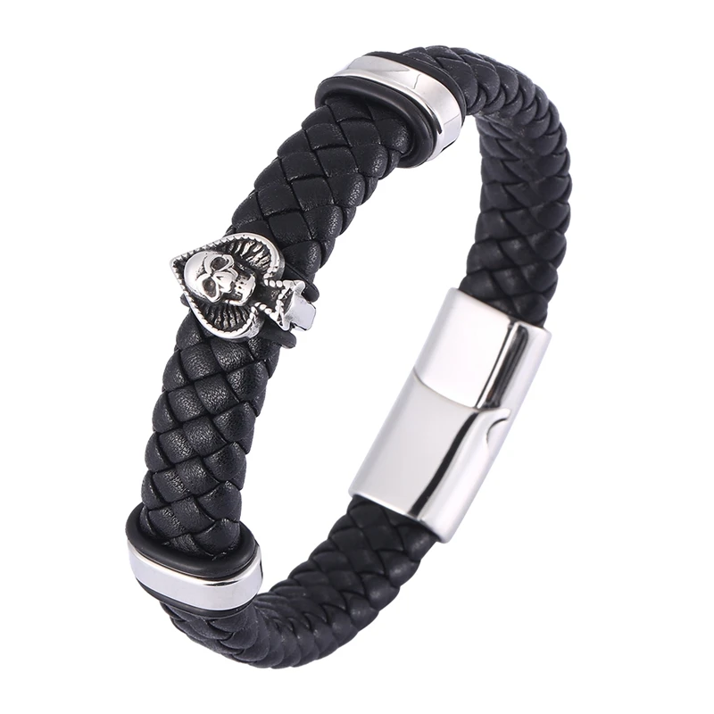 

Fashion Braided Men Leather Bracelets Homme Stainless Steel Spades Skull Charm Bangle Punk Wristband Men Braclets Jewelry BB1306