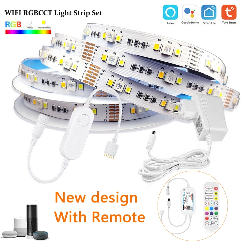 TUYA Smart Life APP Wifi RGBCW Mini Controller 1-5M DC12V 5050 RGB+CCT 90leds/m LED Strip Light +Power Kit For Alexa Google Home