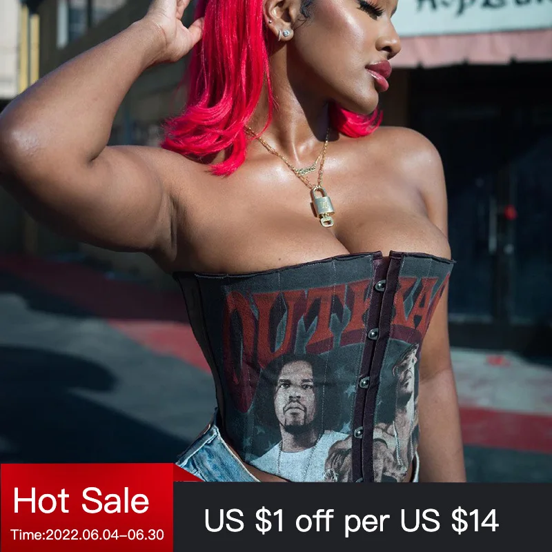 

Grunge Punk Print Portrait Black Camis Streetwear Sleeveless Backless Tube Hidden Button Corset Tops E Girl Goth Clothes