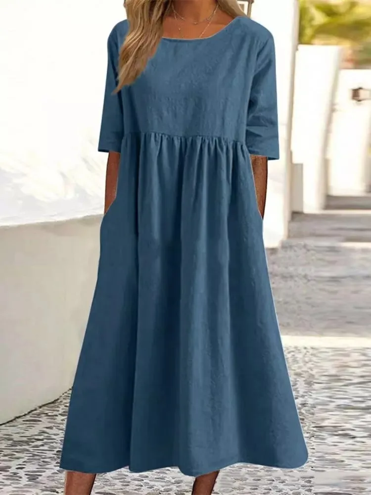 

2023 Summer Cotton Oversize Women's Long Dress Grey O-neck Short Sleeves Dresses Female Elegant Casual Fashion Ladies Clothes