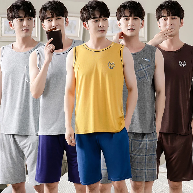 2022 Summer Plus Size Sleeveless Vest Modal Pajama Sets for Men High Quality Sleepwear Pyjamas Male Homewear Lounge Home Clothes