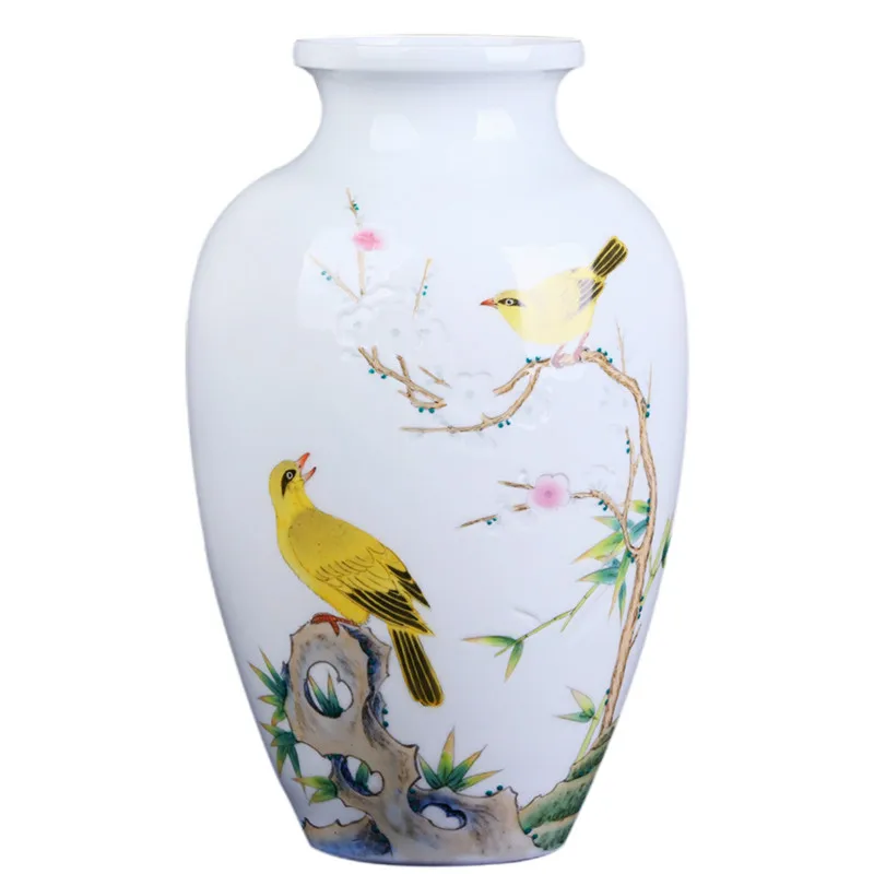 

High Grade Master Hand Painted White Porcelain Orioles Flower Vase For Living Room Decoration