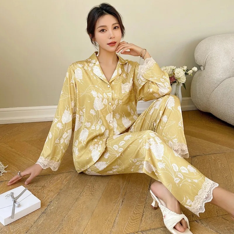 2023 Spring and Autumn New Ice Silk Pajamas Women's Long-Sleeved Trousers Lace Printing Suit Can Be Outerwear Homewear