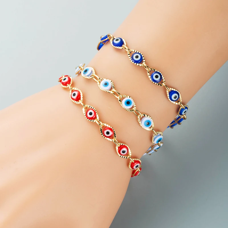 

King Shiny Bohemia Lucky Evil Eye Copper Bracelet for Woman Classical Colorful Enamel Link Chain Charm Bracelet Female Jewelry