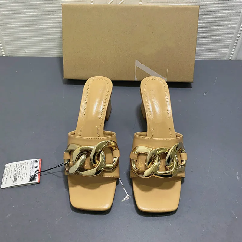 

Women's Sandals High Heels Metal Chain New Square Toe Fashion Back Hollow Thick Heel Woman Summer Shoes Retro Mules Footwear