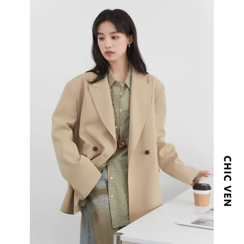 Женские пиджаки CHIC VEN, однотонные свободные двубортные офисные женские пиджаки с широкими плечами, пальто большого размера, весна-осень 2025