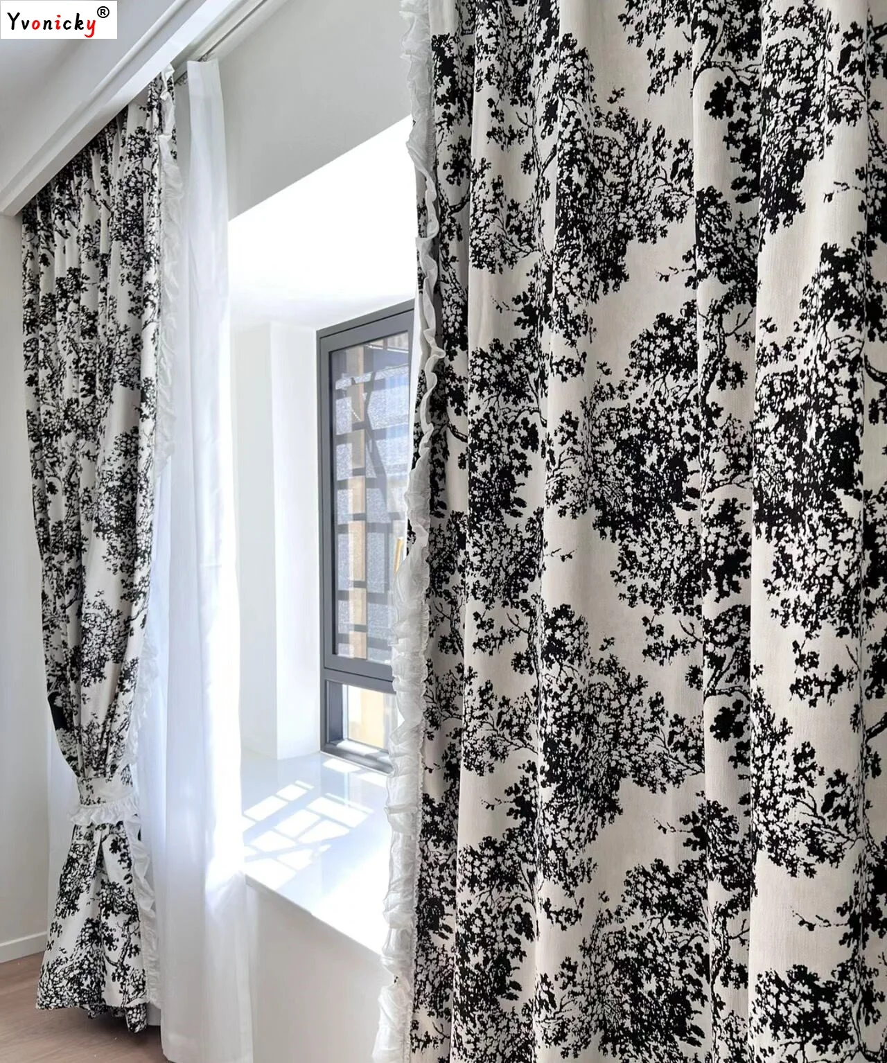 

Chenille Jacquard Blackout Curtains, Black and White Bayberry Trees Printed Window Drapes French Retro Thickened Shading Curtain