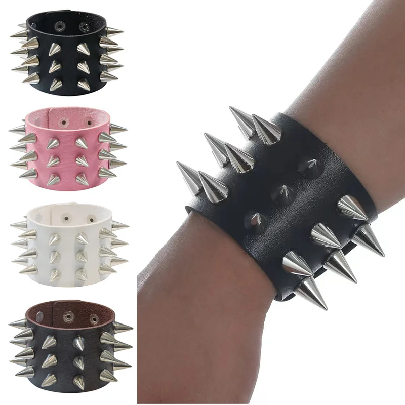 

Three Row Cuspidal Spikes Rivet Stud Wide Cuff PU Leather Punk Gothic Rock Unisex Bracelet Men Jewelry Leather Bracelet Cosplay