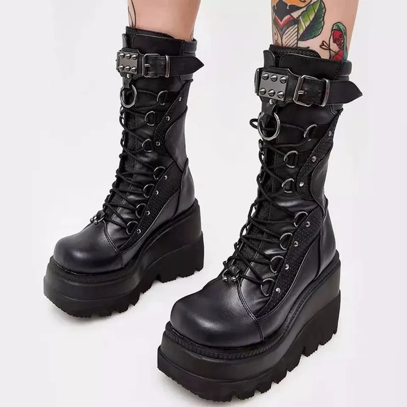 2022 Punk Style Metal Buckle Thick Soled Mid Length Boots Motorcycle Wedge Heel Mid Tube Rider Boots