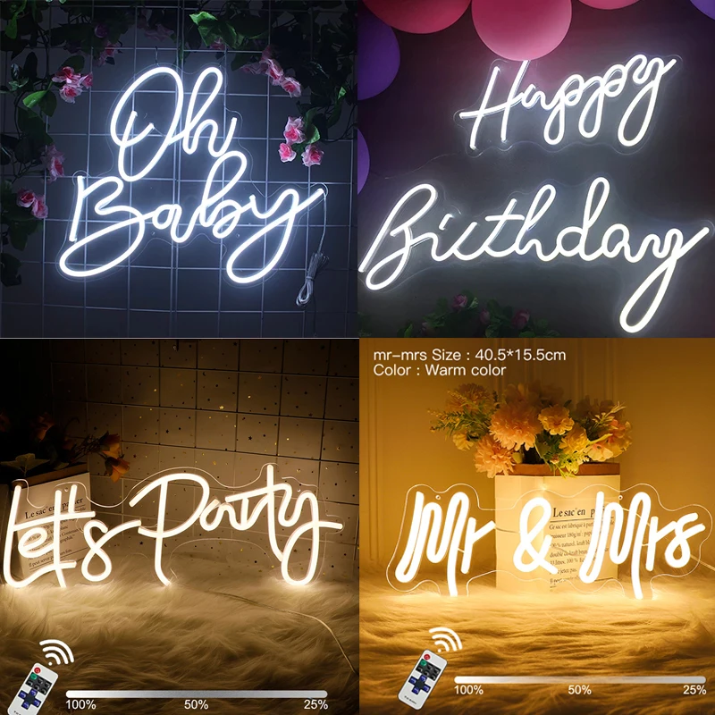 

Neon Signs Led Lights Transparent Acrylic Remote Control Happy Birthday Lets Party For Wedding Baby Shower Lamp Home Decorations