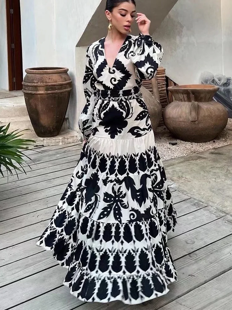 

TRAF Print Long Dress Women Ruffle Maxi Dress Woman Summer Going Out Female Dress Long Sleeve Belt Party Dresses for Women 2022