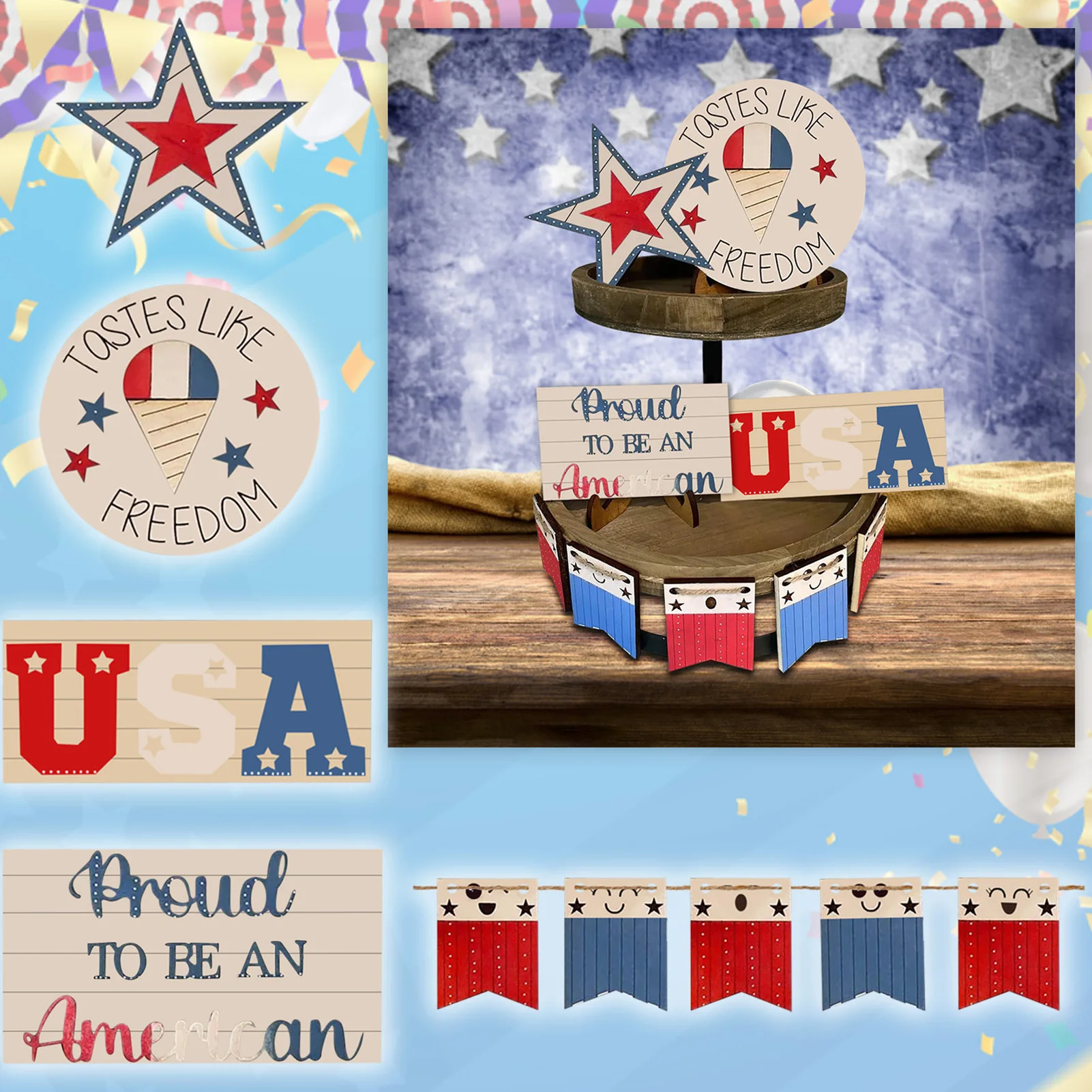 Патриотические многоярусные подносы украшения для стола из ПВХ 4 июля Звездный