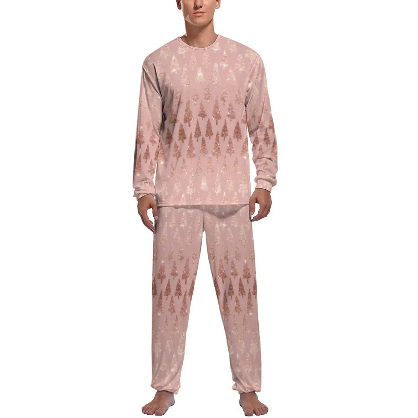 

Elegant Rose Gold Metallic Pajamas Pink Mauve Xmas Trees Men Long Sleeve Warm Pajama Sets 2 Pieces Leisure Graphic Nightwear
